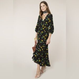 RIXO Silk Floral Wrap Midi Dress